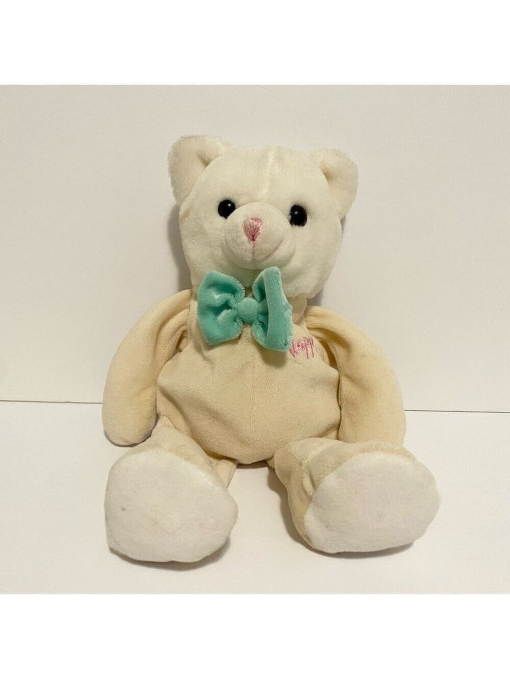 Vintage Cat Plush Cream Floppy Stuffed Animal Toy Green Bow HAPPY 10” Kitty